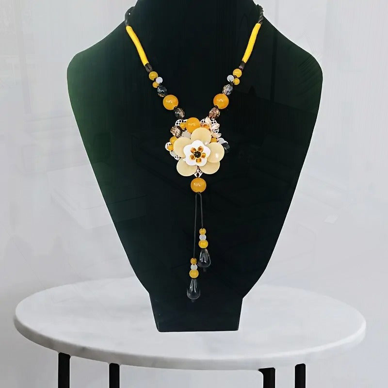 Women'S Retro Bohemian YShape Necklace Handmade Glass Flower and Agate Bead Pendant MultiStrand Long Chain Jewelry for Daily Wear Christmas and Valentine'S Gift YearRound Elegant Accessories Intricate Beadwork