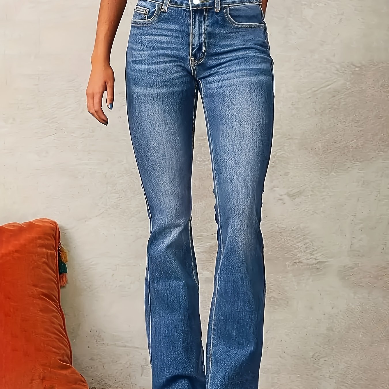 Women's Slim-Fit Stretch Denim Flare Jeans - Double Button Closure, Mid-Rise Bell Bottoms with Pockets, Versatile Blue Casual Pants for All Seasons, Machine Washable, Casual Wear Jeans | Flare Cut Denim | Durable Jeans