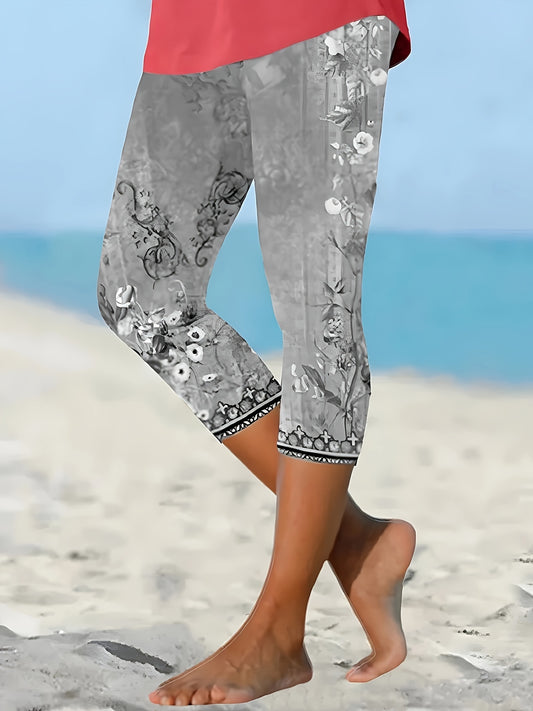 Gray Floral Women's Capri Leggings - Casual Stretch Polyester/Spandex, Knee-Length with Decorative Trim, Perfect for Spring/Summer/Fall Beach Outings