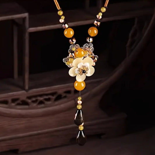 Women'S Retro Bohemian YShape Necklace Handmade Glass Flower and Agate Bead Pendant MultiStrand Long Chain Jewelry for Daily Wear Christmas and Valentine'S Gift YearRound Elegant Accessories Intricate Beadwork