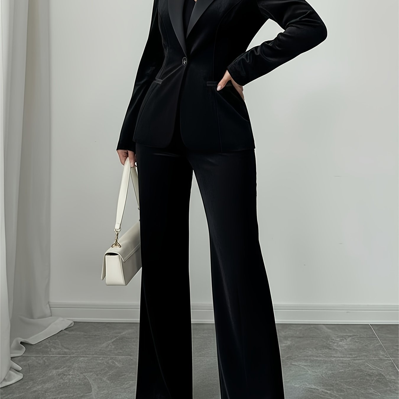 2pcs Women's Vintage Bell-Bottom Suit: Black Satin Lapel Blazer & Bell-Bottom Pants - Hand Washable Formal Party Wedding Attire, Luxury Party Outfit for Fall/Winter (No Dry Clean)