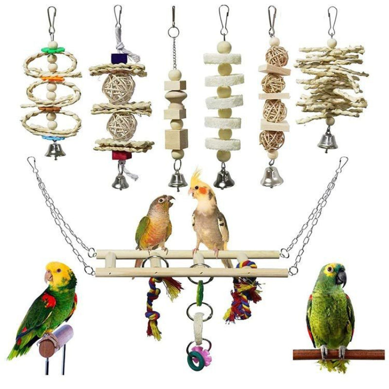 8pcs Wood Bird Toys with Swing, Bell & Chewable Parts - Interactive Bird Cage Suitable for Small Parrots and Birds - Promotes Exercise, Mental Stimulation & Beak
