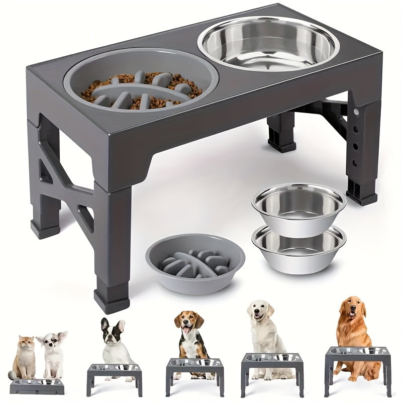 5 Height Adjustable Raised Dog Bowls, Collapsible Raised Dog Bowl Stand with Slow Food Bowl And Stainless Steel Dog Food Bowl for Small, Medium, And Large Dogs And Cats