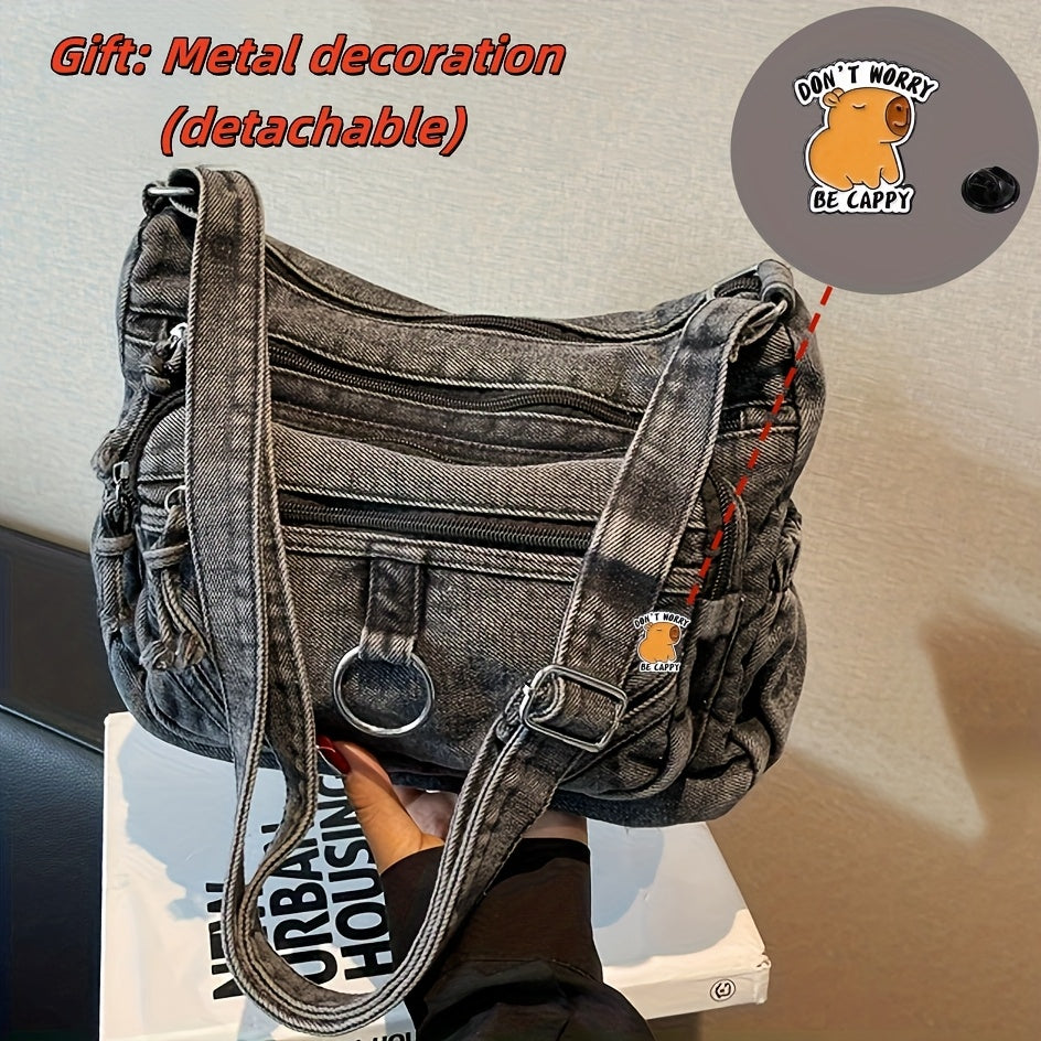 2pcs Set: Bag + Metal Pendant, Women'S Fashion Retro Casual Handbag, Unique Edge Motorcycle Bag, City Style Worn City Bag, Suitable for Work, Commuting, Dating, Parties, Spacious Multi-Pocket Shoulder Crossbody Bag