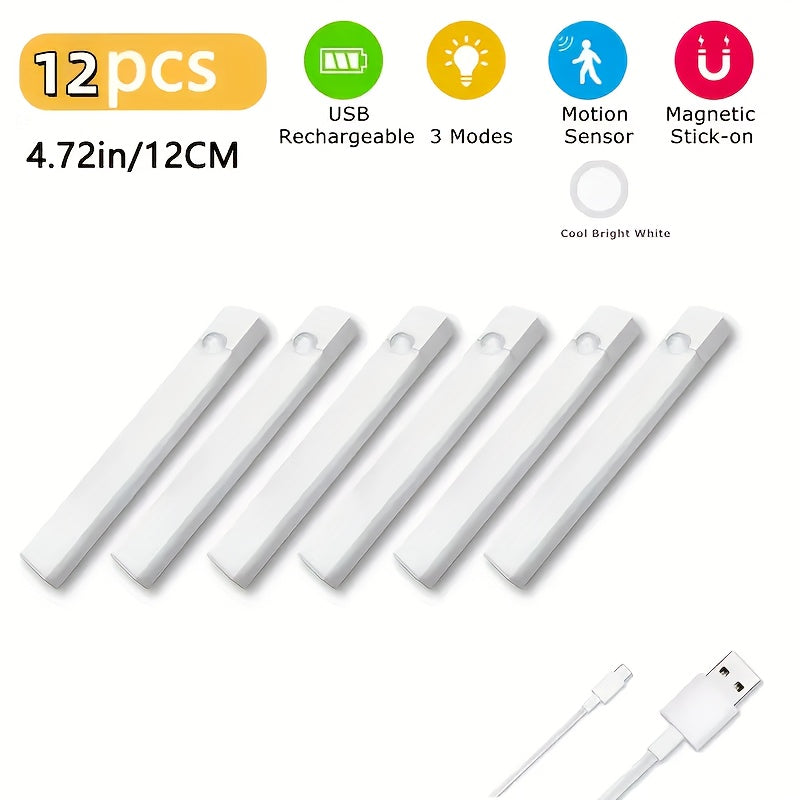 12pcs LED Motion Sensor - Dimmable Cabinet Light, USB Charging Cabinet Bottom Light, 3 Adjustable Modes, Night Light, Suitable for Bedrooms, Stairs, Kitchen Office Supplies, Bedside Reading Light
