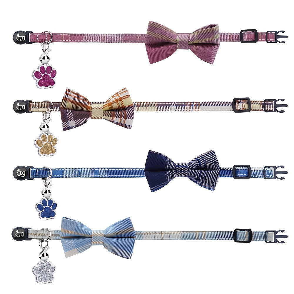 [Personalized Pet Collar] Personalized Metal Paw Tag Pet Collar | Custom Safe Buckle, Bow Tie, Nylon Material, Jazz Plaid Pattern, Bell - Ideal For Cats And Small Dogs, No Battery