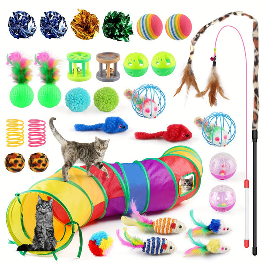 Cat Toys Set, 32pcs/set Kitten Toys Assortments, Including 2 Way Rainbow Tunnel, Cat Feather Teaser Wand, Sisal Mice Bell Balls, Crinkle Balls Interactive Cat Toys For Indoor Cats Kitten