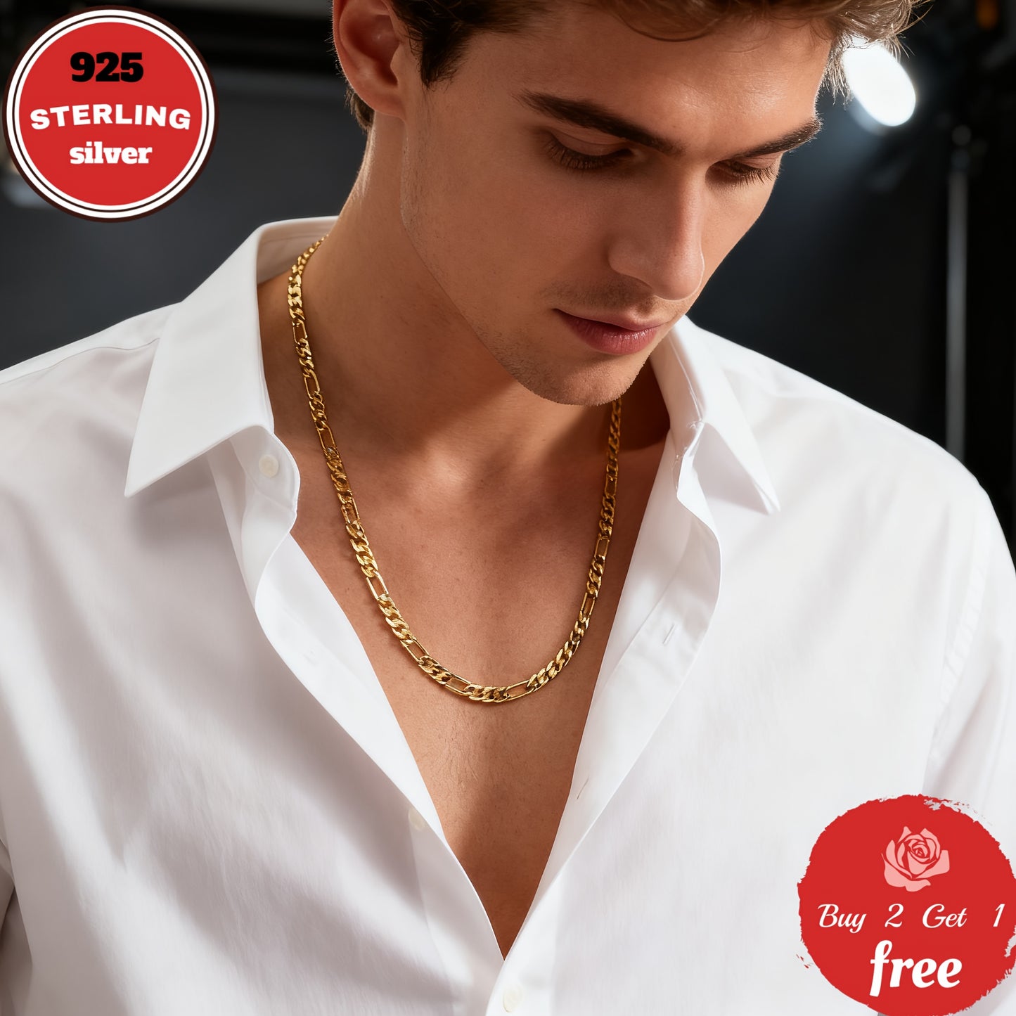 925 Sterling Silvery 6mm Figaro Necklace, Plated with 24K gold plated, Suitable for Daily Wear And Gifting. Christmas-themed, All-season Jewelry, Unisex, Comes with A Gift Box, A Perfect Gift for Your Boyfriend Or Girlfriend,