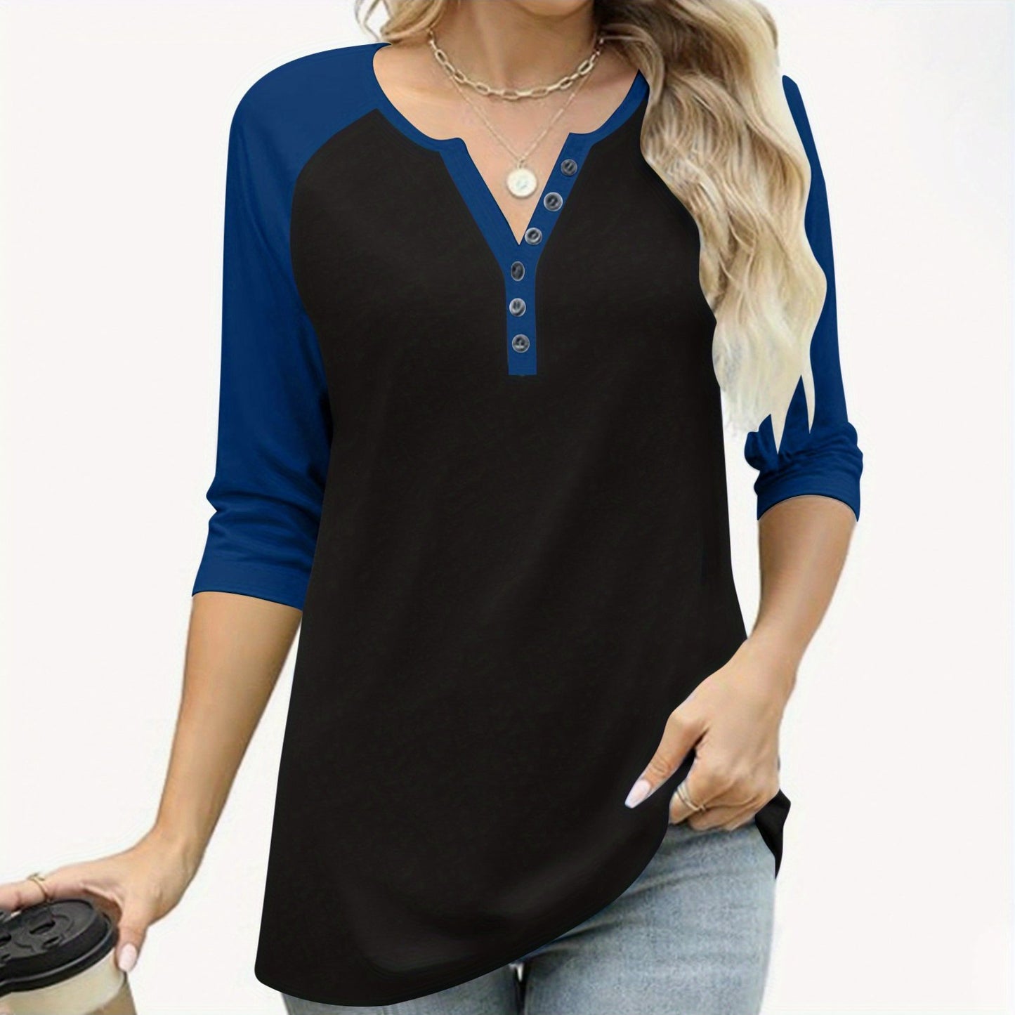 Womens Basic Casual Shirts Fashion Clothes Tops Button V-neck Three Quarter Sleeve 3/4 Sleeve Raglan T-shirt Loose Top
