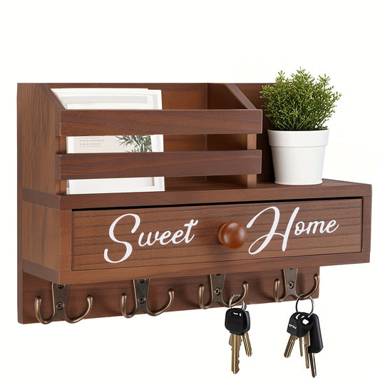Rustic Wall Mount Key and Mail Organizer With 8 Hooks