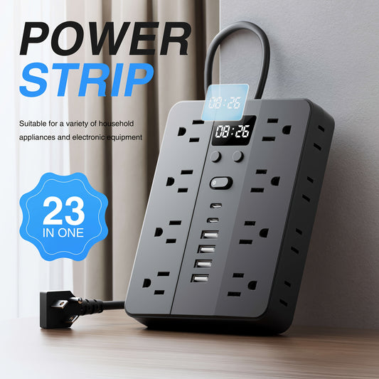 CHIEFWAY 23in1 Clock Power Strip With Surge Protection 16 AC Outlets USB A USB C Wall Mount