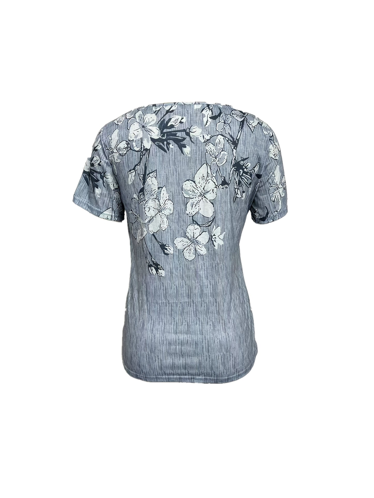 Women's Stretchy Polyester Button-Front V-Neck Blouse - Floral Print Short Sleeve Casual Shirt, Machine Washable Summer Top for Layering & All-Season Wear, Versatile Shirt, Relaxed Fit, Lightweight Fabric, Trendy Style