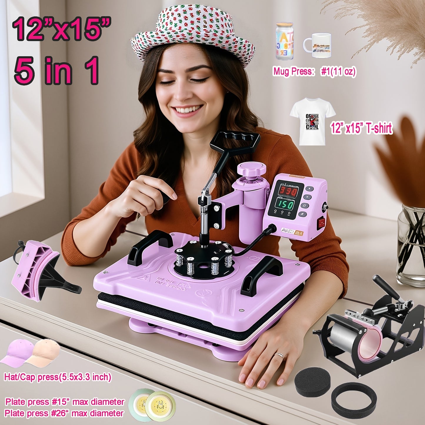 15"x15"/15"x12" 8-in-1/ 5-in-1 Heat Press Machine for T-Shirts, Bags, Pillows, Hats, Caps, Tumblers - 12"x10" T-Shirt Machine Can Only Press T Shirts, Pillows And Bags - HOMDOX Professional Sublimation Combo with Swing Away D