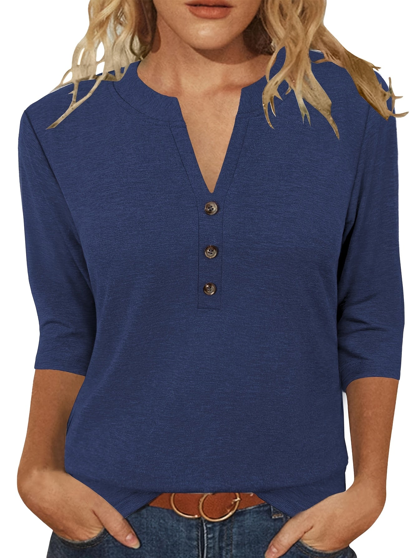 3/4 Sleeve • Casual Fashion • Women's Spring/Summer Three-Piece V-Neck Button-Blouse Quarter Sleeve T-Shirt