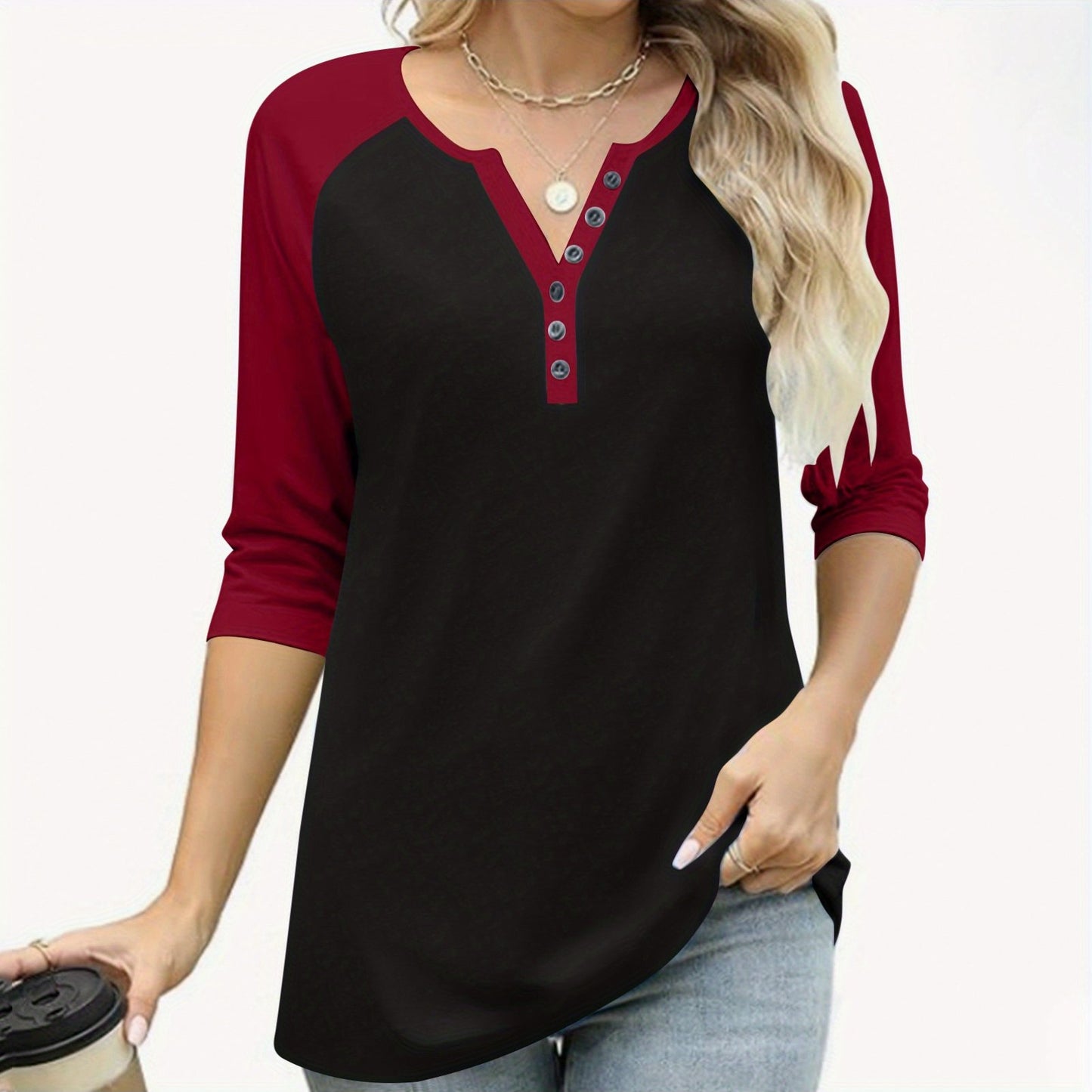 Womens Basic Casual Shirts Fashion Clothes Tops Button V-neck Three Quarter Sleeve 3/4 Sleeve Raglan T-shirt Loose Top