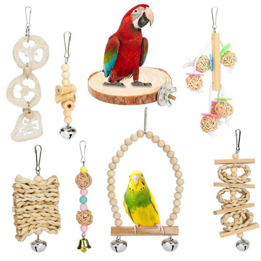 8pcs Wood Bird Toys with Swing, Bell & Chewable Parts - Interactive Bird Cage Suitable for Small Parrots and Birds - Promotes Exercise, Mental Stimulation & Beak