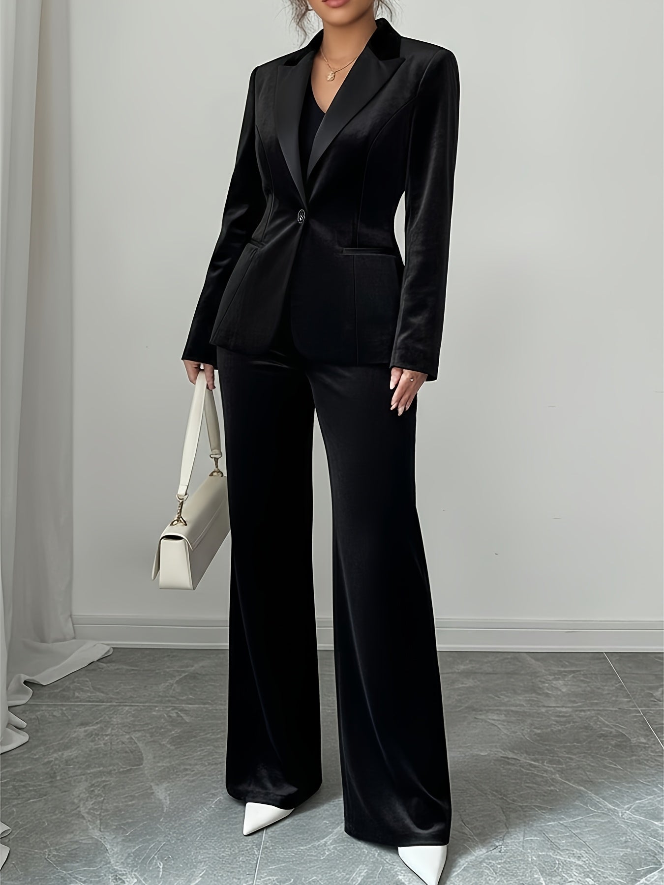 2pcs Women's Vintage Bell-Bottom Suit: Black Satin Lapel Blazer & Bell-Bottom Pants - Hand Washable Formal Party Wedding Attire, Luxury Party Outfit for Fall/Winter (No Dry Clean)