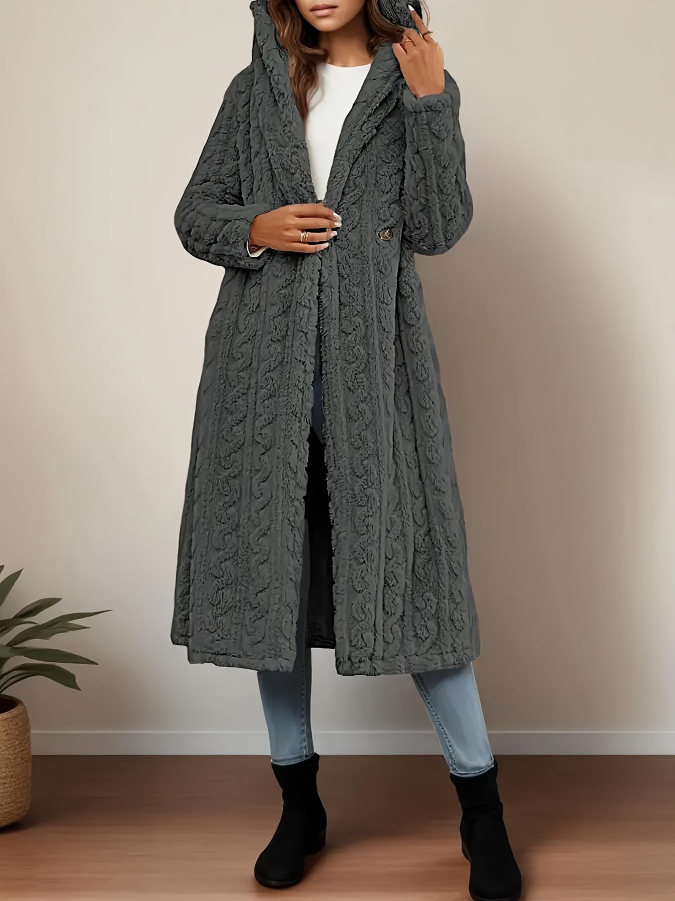 FME Hooded Cable LonglineOvercoat For Winter Warmth And SophisticationTexture Premium