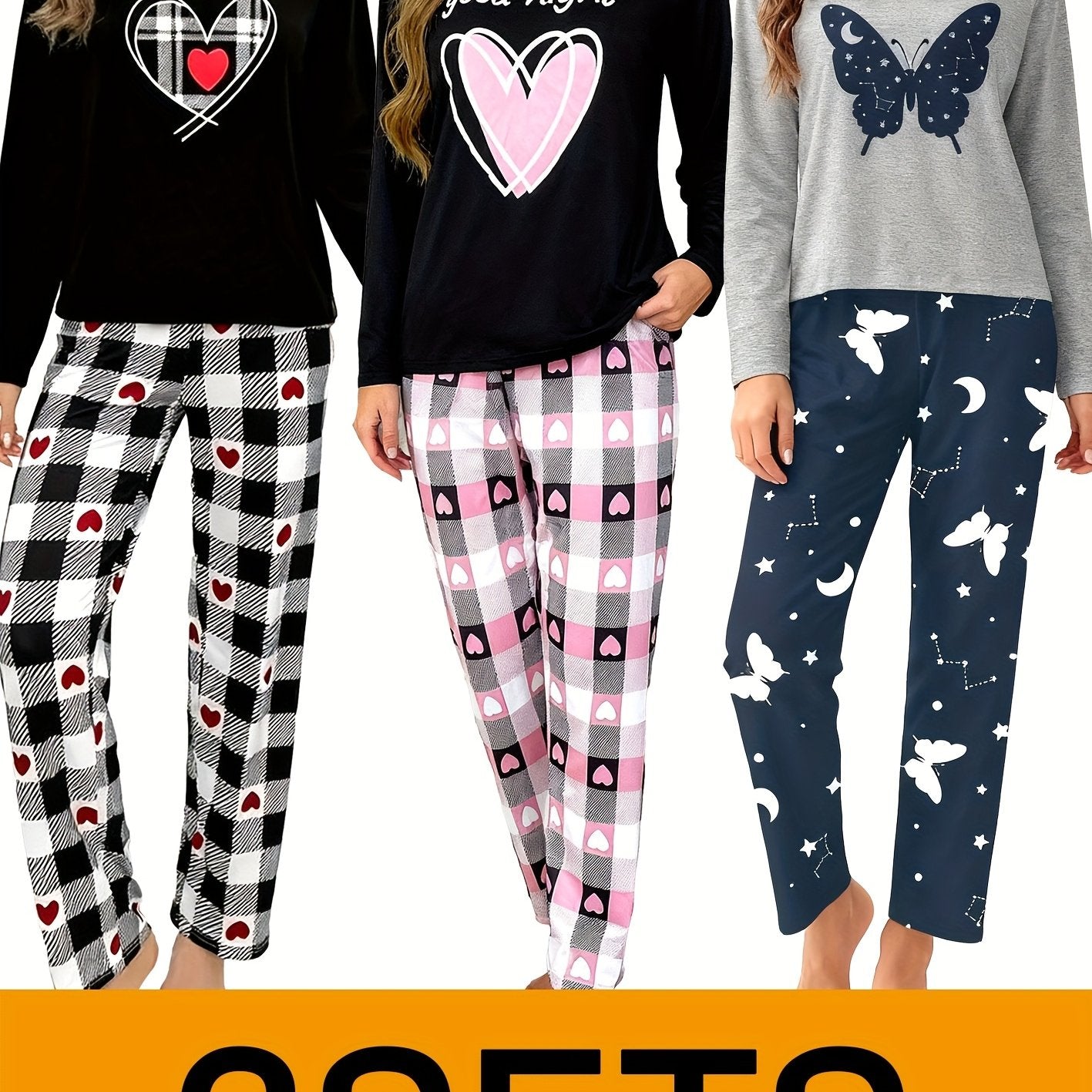 3 SETS Women's Heart-shaped And Butterfly Pattern Pajamas, Comfortable And Breathable, with Elasticity, Suitable for Going Out, Fashionable Pajamas Set