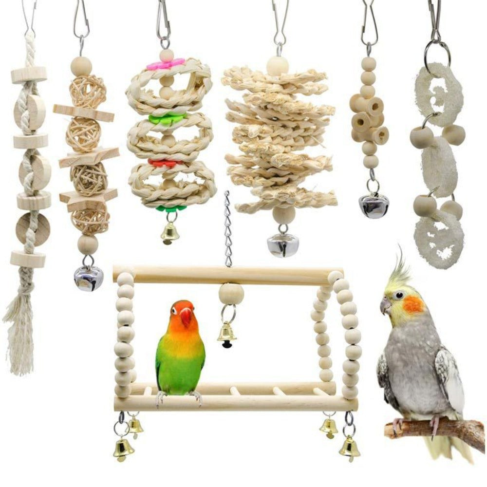 8pcs Wood Bird Toys with Swing, Bell & Chewable Parts - Interactive Bird Cage Suitable for Small Parrots and Birds - Promotes Exercise, Mental Stimulation & Beak