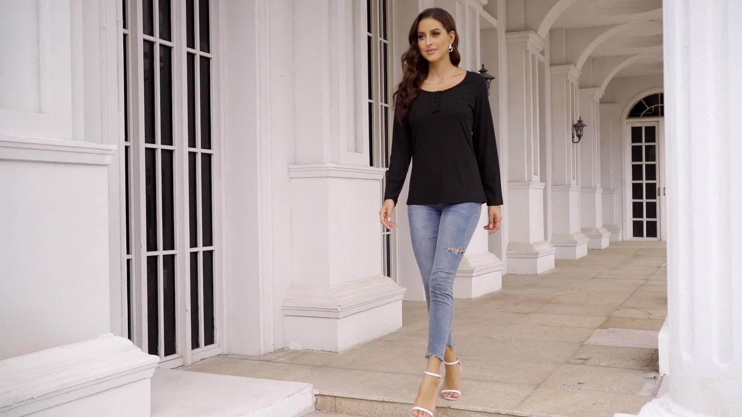 Womens Fall Fashion 2024 Henley Shirts Long/Short Sleeve Tops Summer Blouses Dressy Casual Sweater Basic Shirt