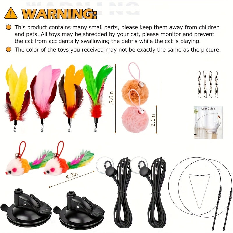 14 Pack Durable Interactive Cat Toys with Suction Cup Base & 78" Rope - Plush Bird Teaser Wand, Mice Toys for Indoor Cats, Multi-Color Feathers & Non-Electric Design for Self-Entertainment & Exercise