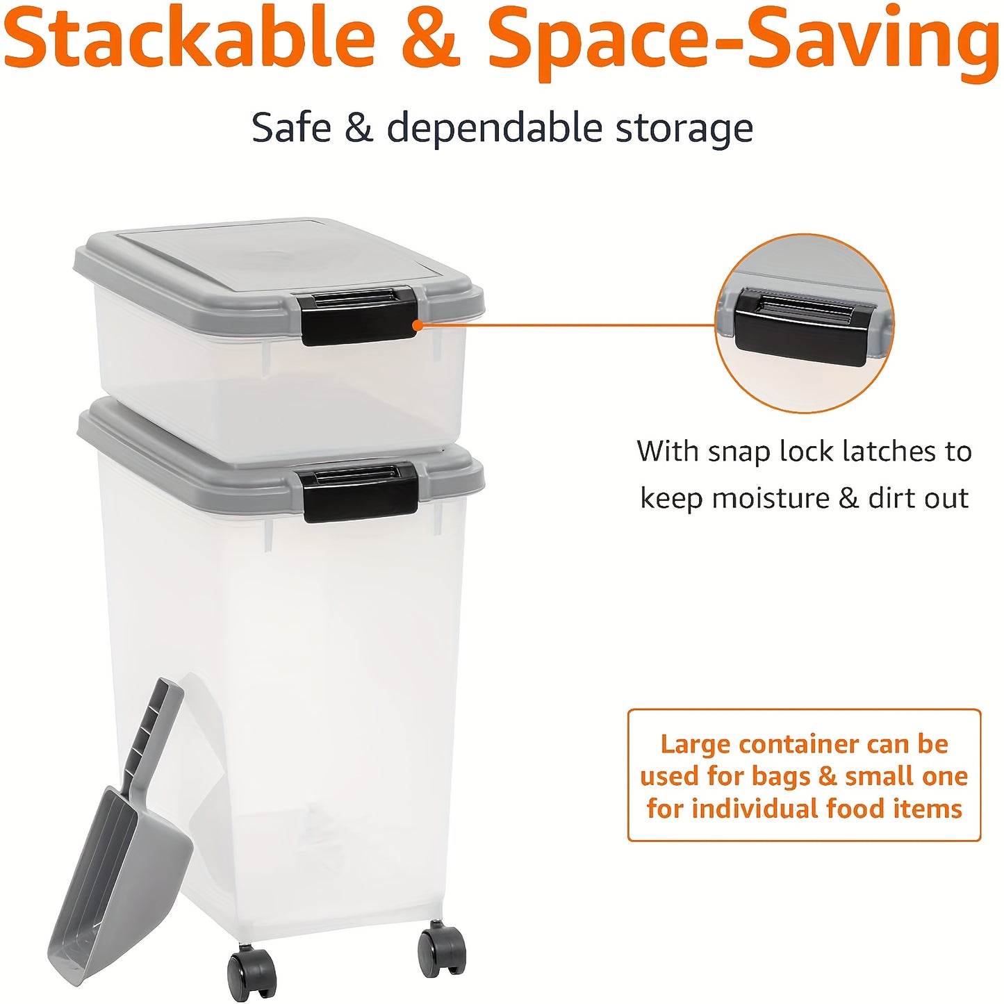 30 lbs & 11 lbs Combo Dog & Cat Food Storage Container - Heavy-Duty Airtight Pet Food Dispenser with Stackable Design, Bin & Scoop, Locking Latches & Smooth-Rolling Wheels - Large Capacity Dry Kibble, Treats Organizer (Multi-