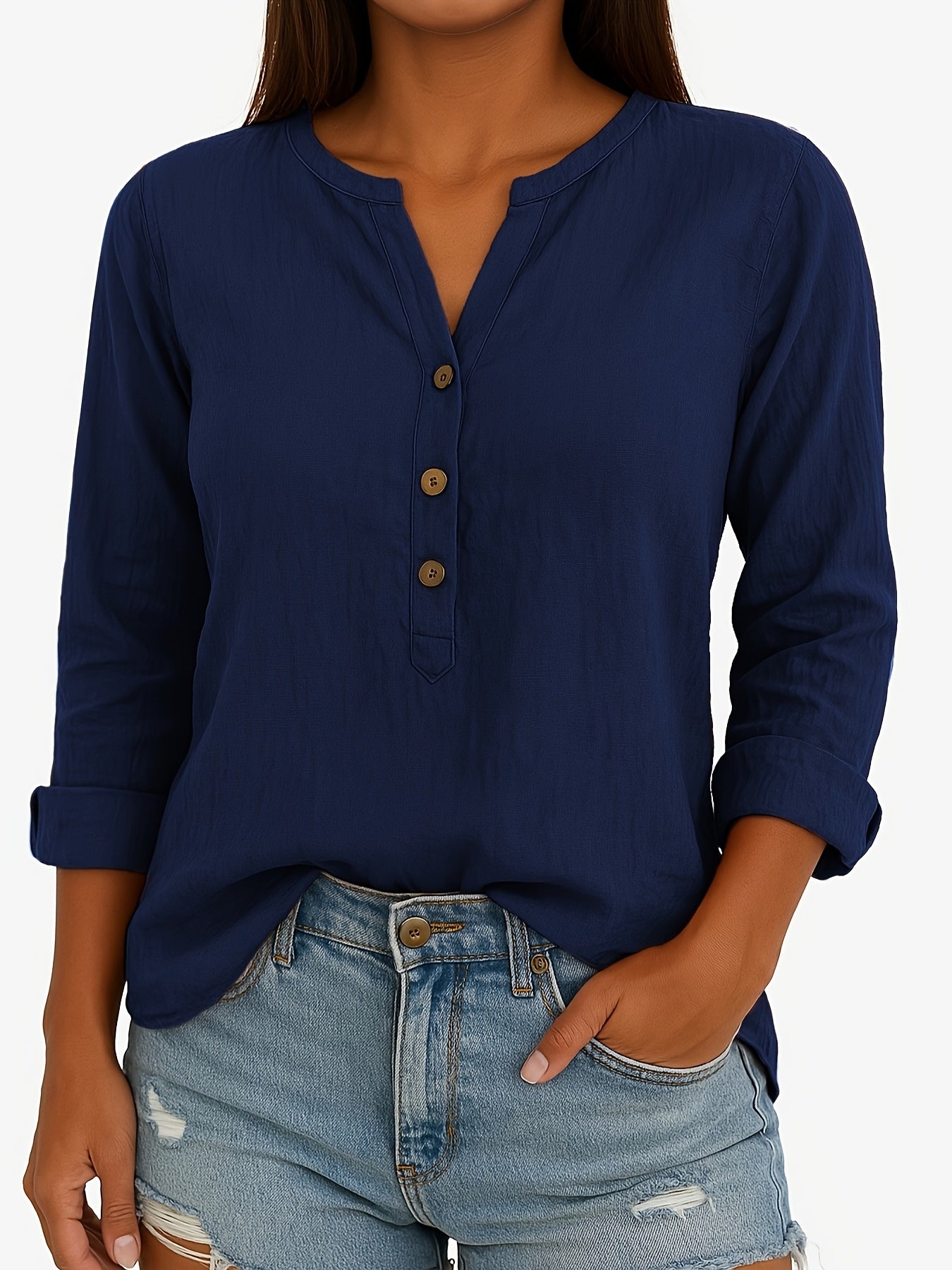 3pcs Women's Linen Fake Button Shirt Casual Half Sleeve Loose Shirt with Collar Yarn Tops Pink+Blue+Orange