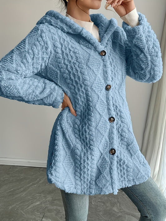 Women's Hooded Jacquardwoven Velveteen Plush Cardigan Coat For Autumnal Wintertime