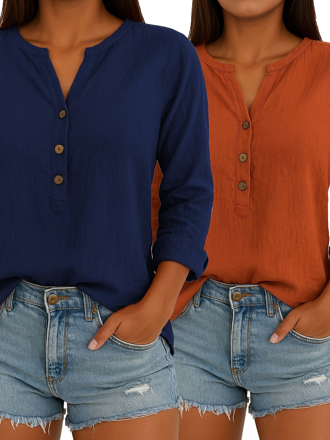 2/3pcs Ladies Elegant Linen Blend Short Sleeve V-Neck Shirt Four Seasons Can Wear