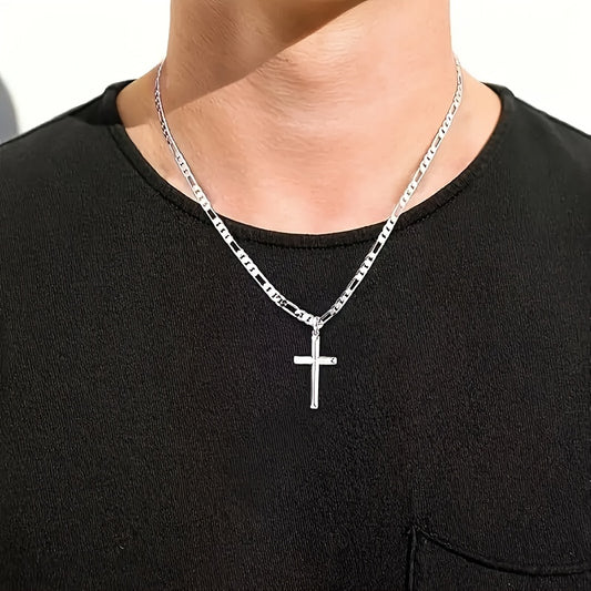 925 Silvery Cross Necklace, Figaro Chain, Suitable For Men And Women Necklaces, For Men, Wives, Girlfriends, Mothers, Daughters Anniversaries, Birthdays, Various Festivals, Special Occasions - Includes Gift Boxes