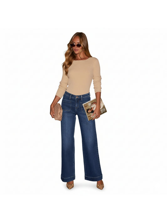 Women'S Mid-Rise Wide-Leg Jeans - Retro Stone Washed Stretch Skinny-to-Loose Fit High-Waisted Pants with Pocket Design, Light Washed Vintage Look for Casual Casual Attire, Weekend Outfits & Semi-Formal Events - All-Season (Sp