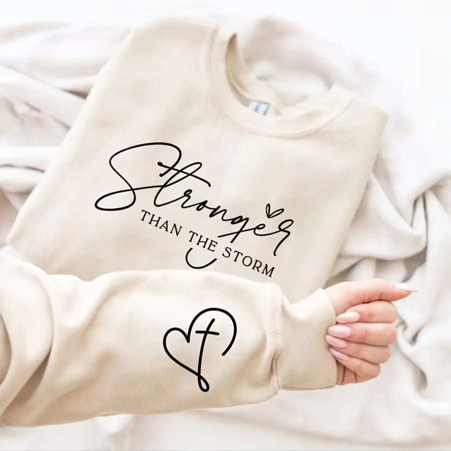 You Are Stronger Than The Storm Iron-On Transfer Stickers - 10 Inch Large Black Vinyl Patches with Elegant Cursive Lettering & Heart Design, Faith-Inspired Christian Symbolism for T-Shirts, Hoodies, Bags, Fabric Crafts - Easy