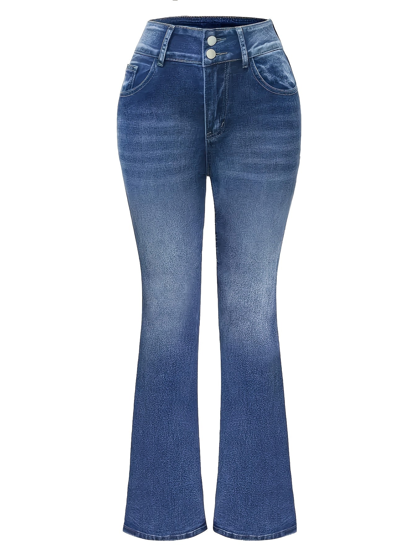 Women's Slim-Fit Stretch Denim Flare Jeans - Double Button Closure, Mid-Rise Bell Bottoms with Pockets, Versatile Blue Casual Pants for All Seasons, Machine Washable, Casual Wear Jeans | Flare Cut Denim | Durable Jeans