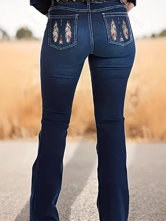 Women's Vintage -Embroidered Stretch Bell-Bottom Jeans - Slim-Fit Bootcut Dark Wash Denim Pants, Elegant Retro Style for all-Season Wear, Casual & Dressy Outfits