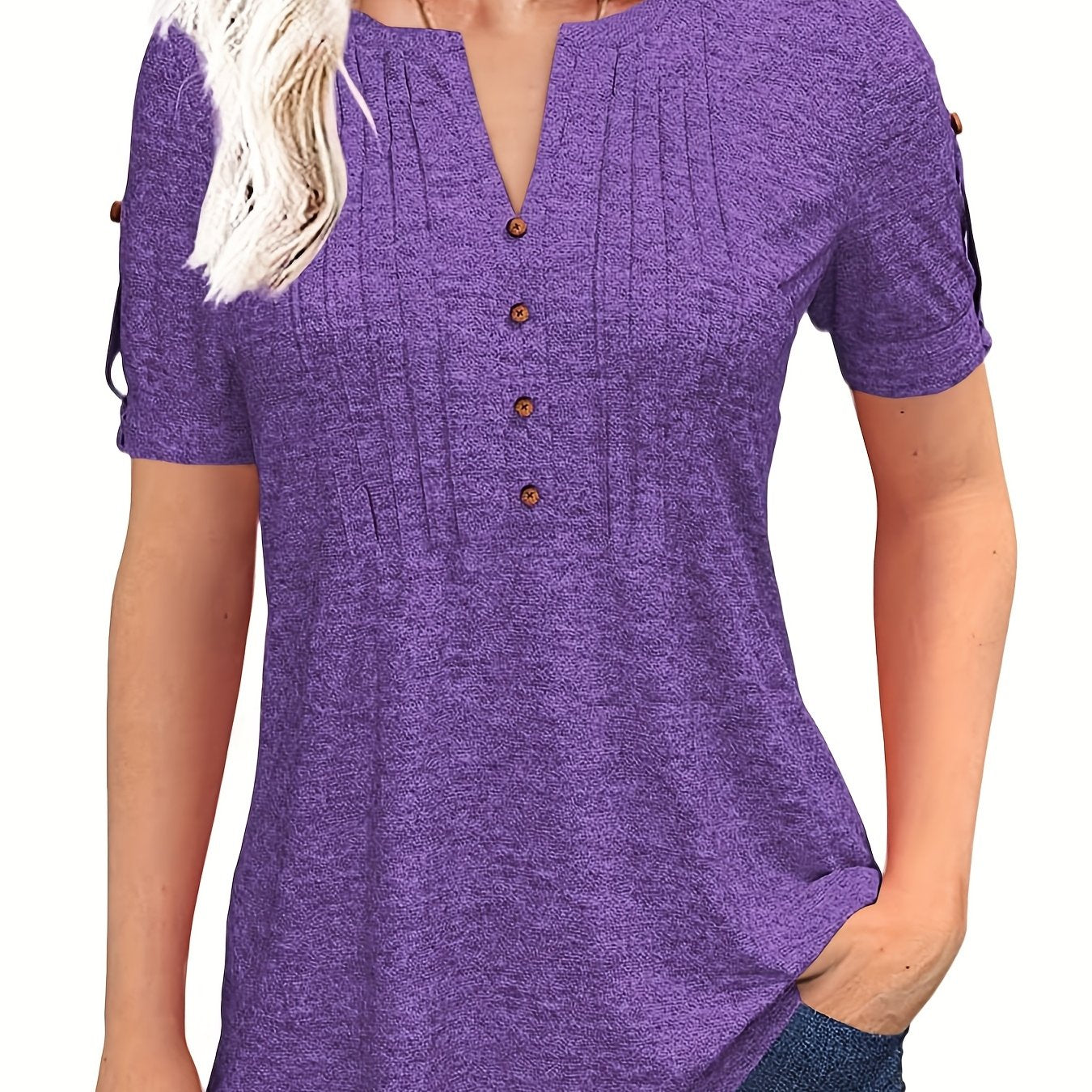Women'S Zipper Summer Pleated Button Short Sleeve T-Shirt Summer V-Neck Solid Color Casual Top