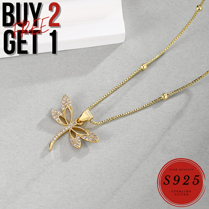 24K Gold Plated Dragonfly Necklace, Italy 925 Sterling Silvery Dragonfly Necklace, Stylish Women'S Necklace, Suitable For Gifts, Parties, Valentine'S Day, Wife, Mother - With Gift Box (buy 2 Get 1 Free)