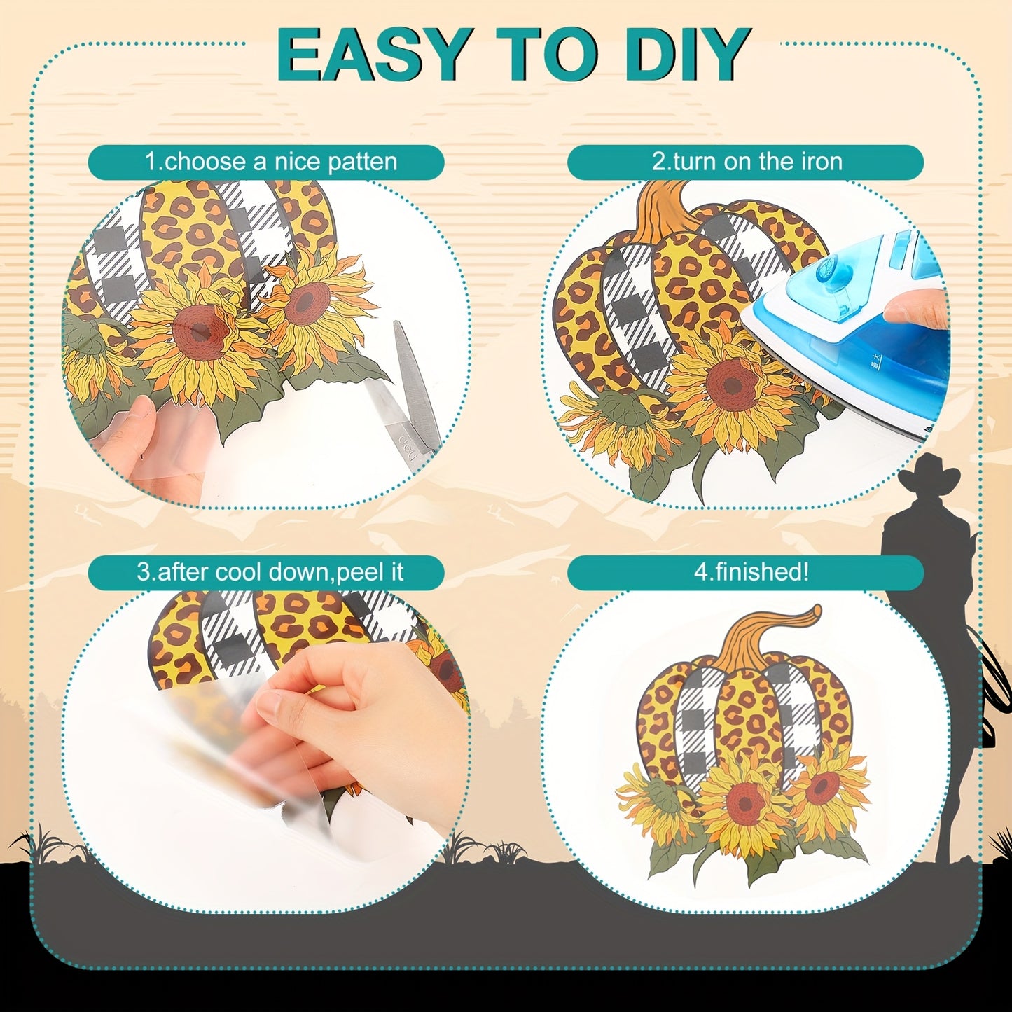 [Western Iron On Patches] 30pcs Western Iron On Transfers Patches | Cowboy Appliques, Sunflower Heat Transfers Sticker For T Shirts, Clothes, Bag, Pillow Covers - DIY Decorations