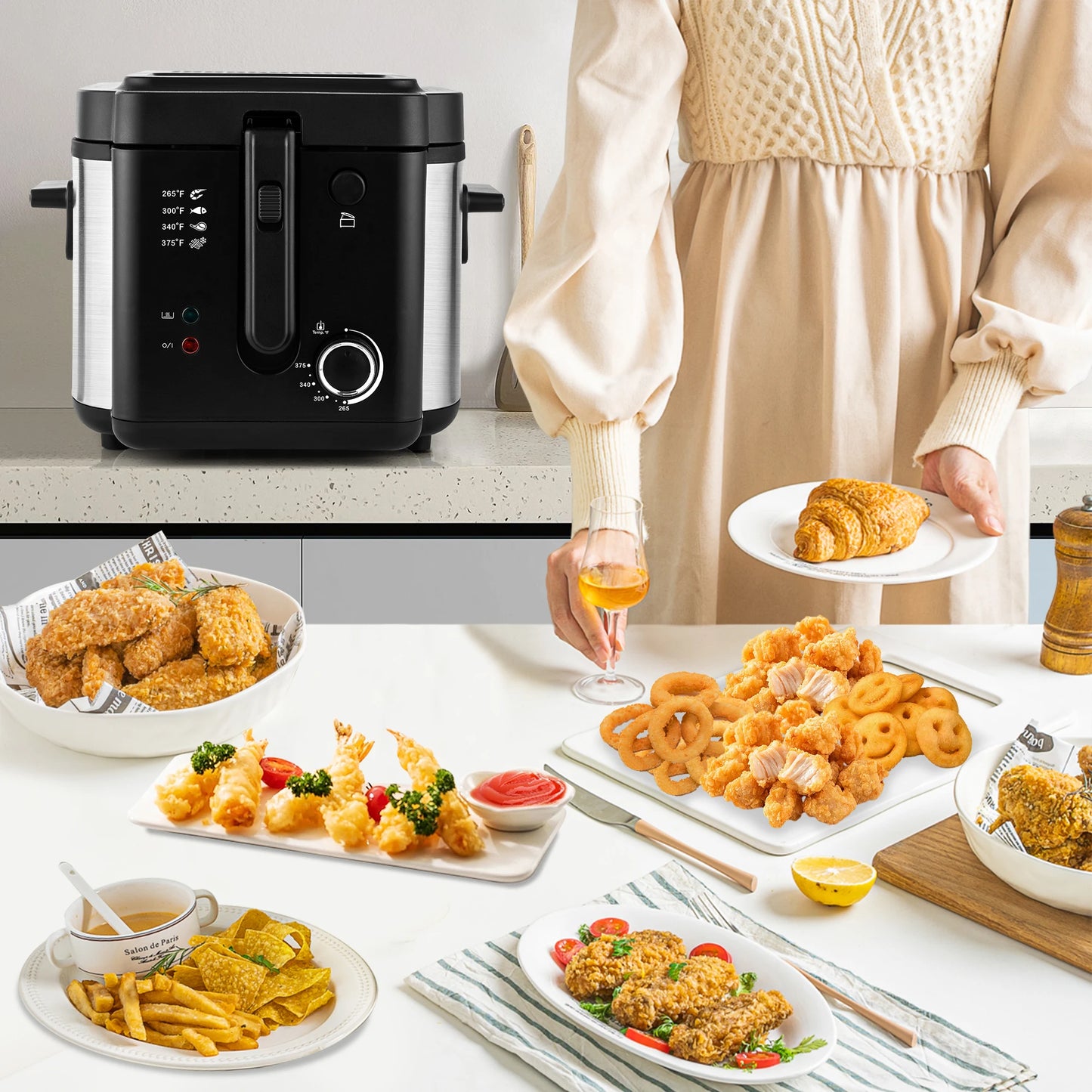 Suslas 1500W Electric Deep Fryer With Large Capacity Stainless Steel Two Point Five Liter For Fries And Wings Up To 375F-A