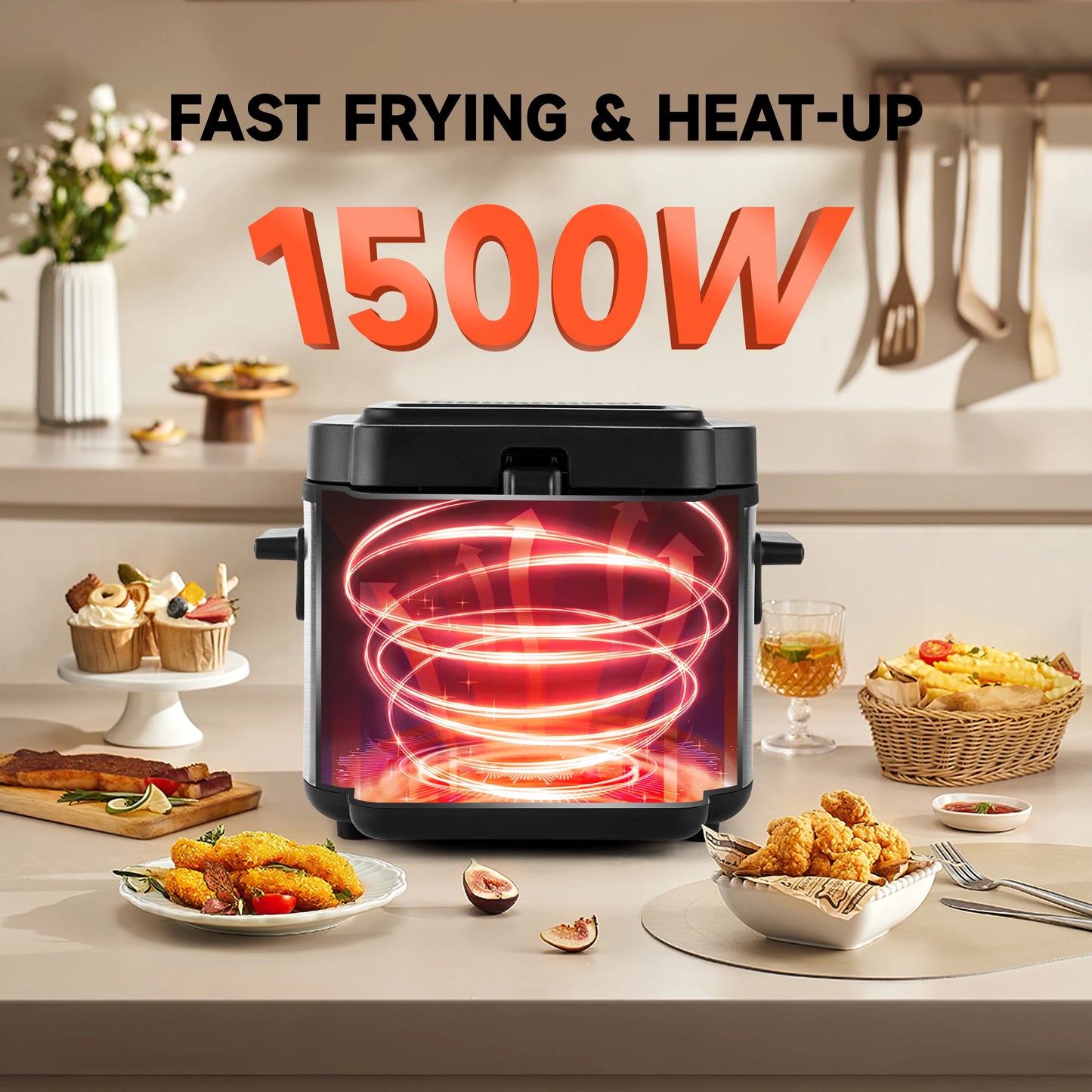 Suslas 1500W Electric Deep Fryer With Large Capacity Stainless Steel Two Point Five Liter For Fries And Wings Up To 375F-A