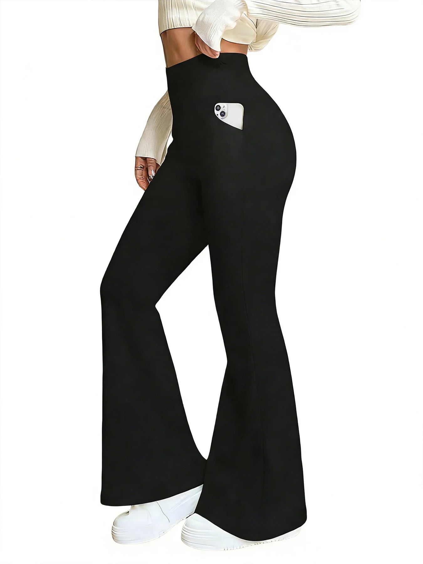 Women's High-Waisted Flared Pants With Pockets Casual Wear