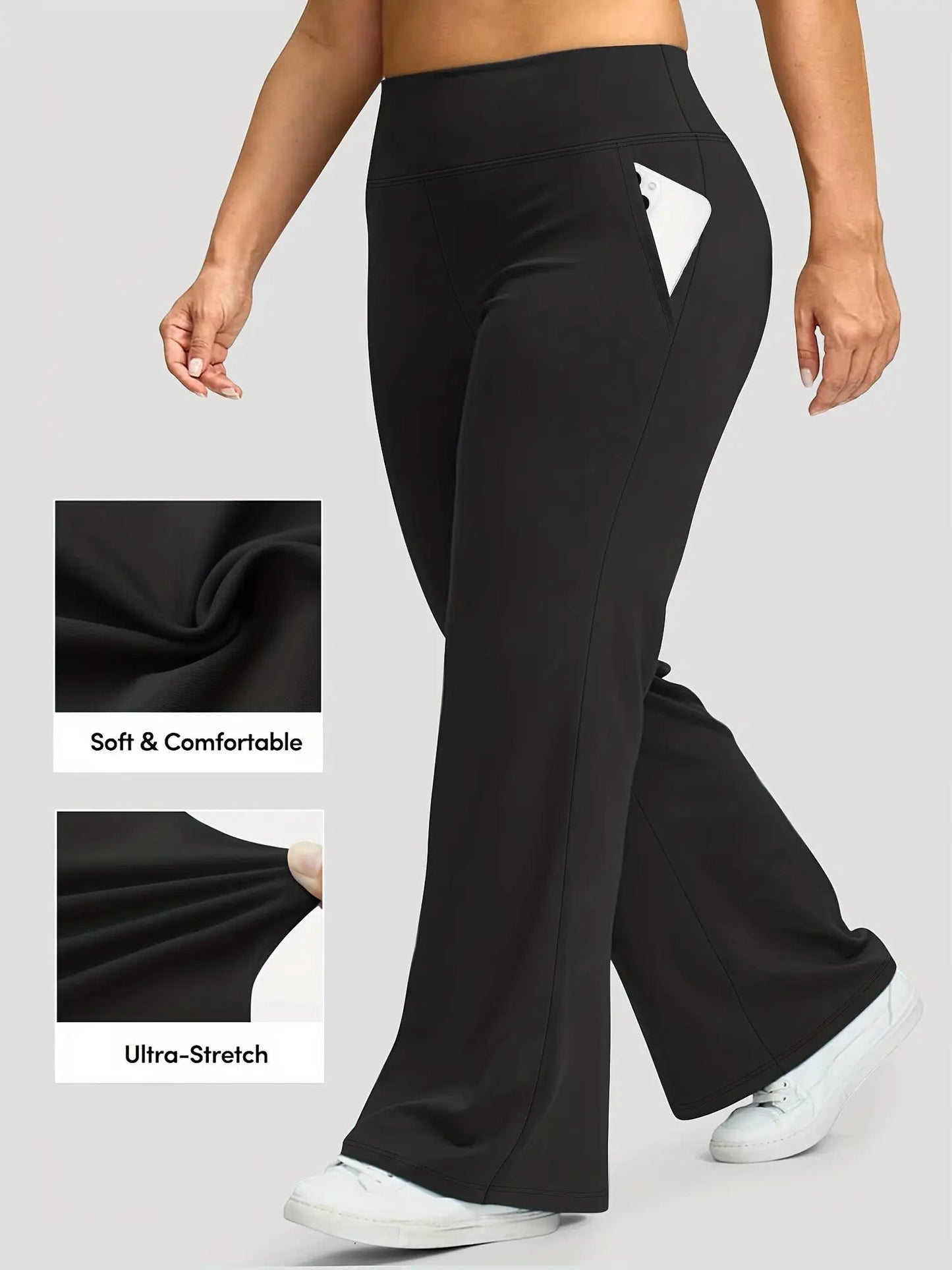 Women's High Waisted Flared Polyester Pants With Pockets Comfortable Casual