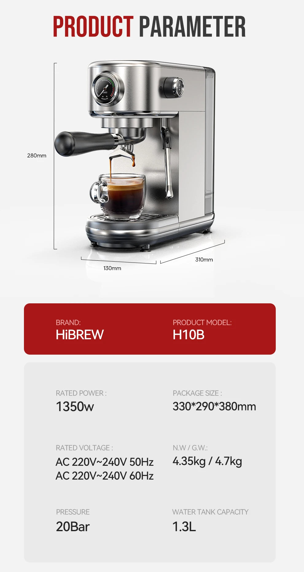 HiBREW H10B 20 Bar Semi Automatic Espresso Coffee Machine
