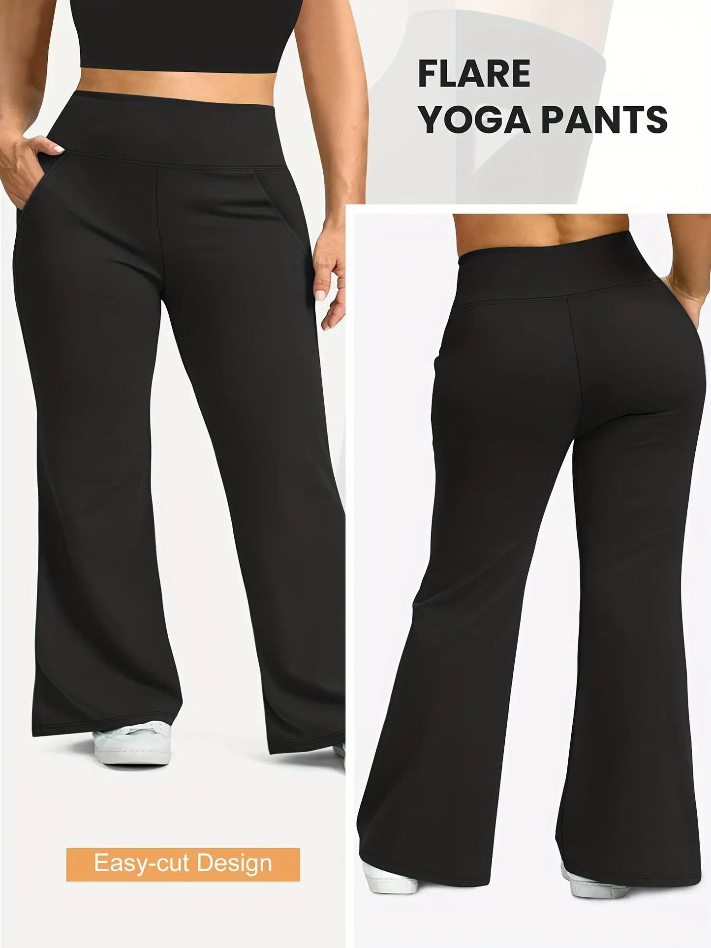 Women's High Waisted Flared Polyester Pants With Pockets Comfortable Casual