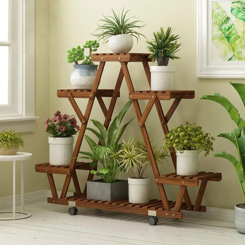 Triangular Six Pot Plant Shelf On Wheels Carbonized Wood Garden Plant Stand Display Rack-A