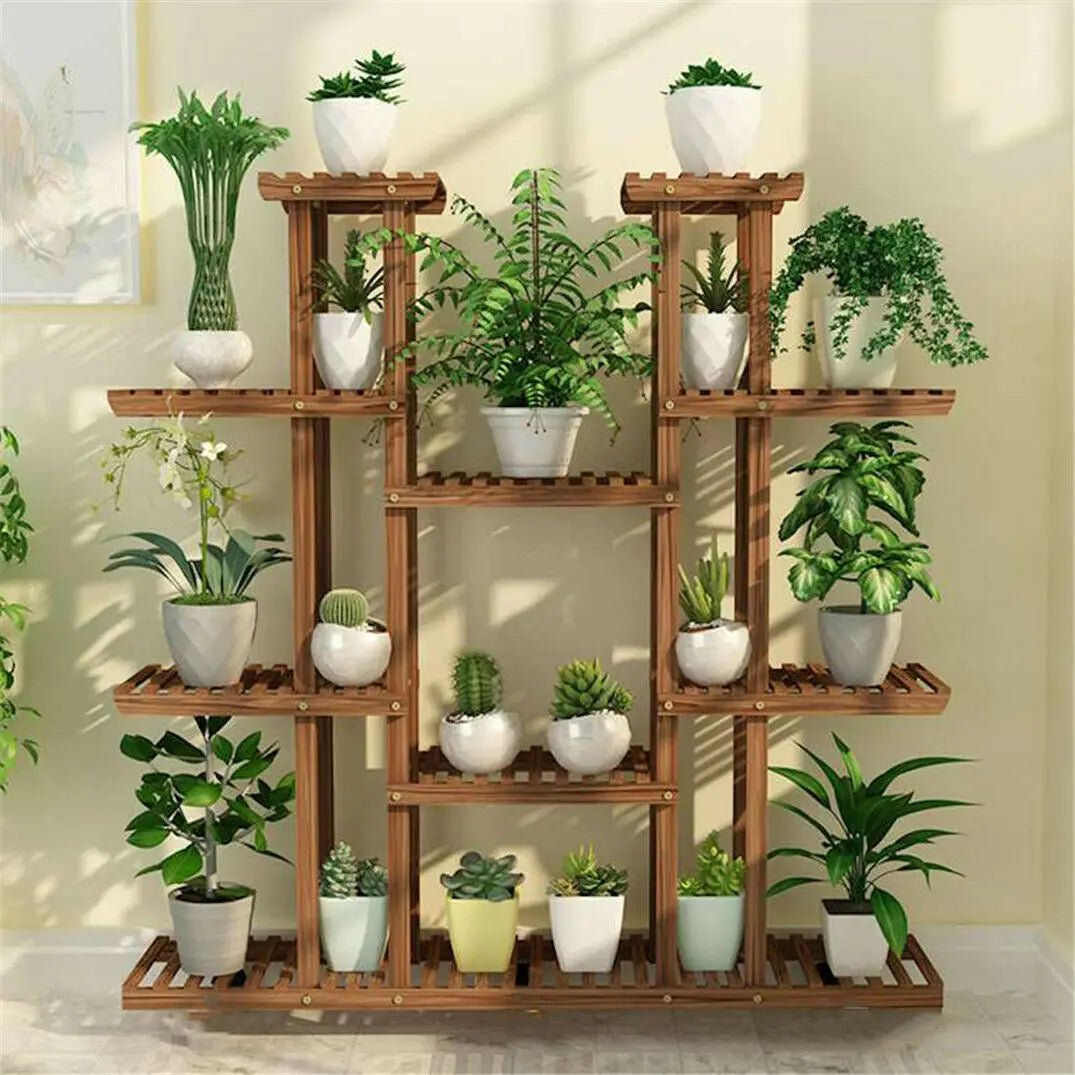 UNHO 46 Inch Multi Tier Plant Stand Wood Flower Rack 16 Pot Display Shelves Indoor Outdoor Patio Garden-A
