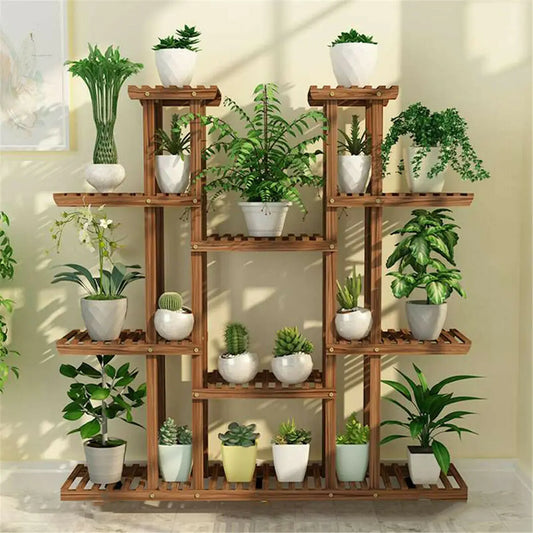 UNHO 46 Inch Multi Tier Plant Stand Wood Flower Rack 16 Pot Display Shelves Indoor Outdoor Patio Garden-A