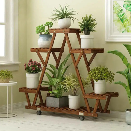 Triangular Six Pot Plant Shelf On Wheels Carbonized Wood Garden Plant Stand Display Rack-A