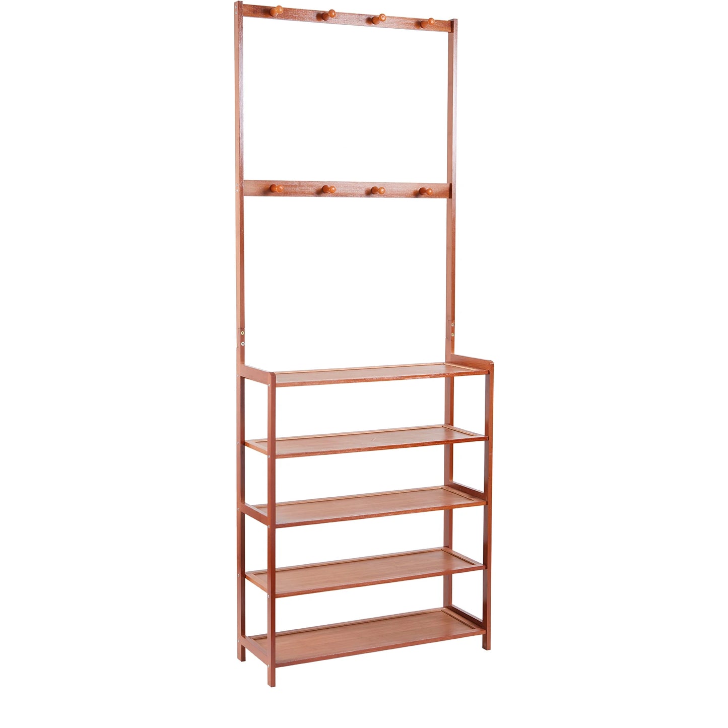 Coat Rack And Shoe Bench 3 In 1 Hall Tree With Vintage Bamboo MDF Finish For Entryway And 4 Tier Shoe Storage-A