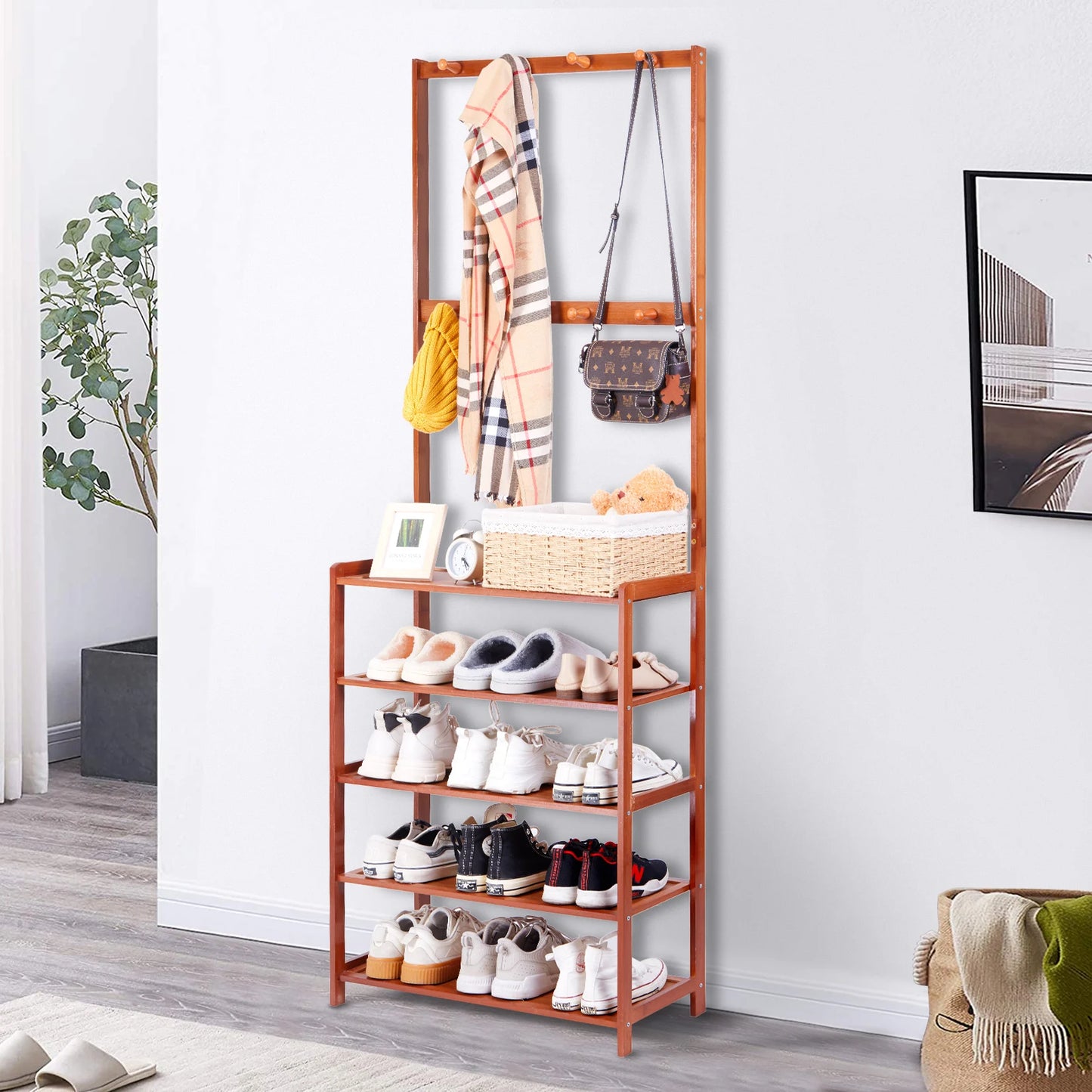 Coat Rack And Shoe Bench 3 In 1 Hall Tree With Vintage Bamboo MDF Finish For Entryway And 4 Tier Shoe Storage-A
